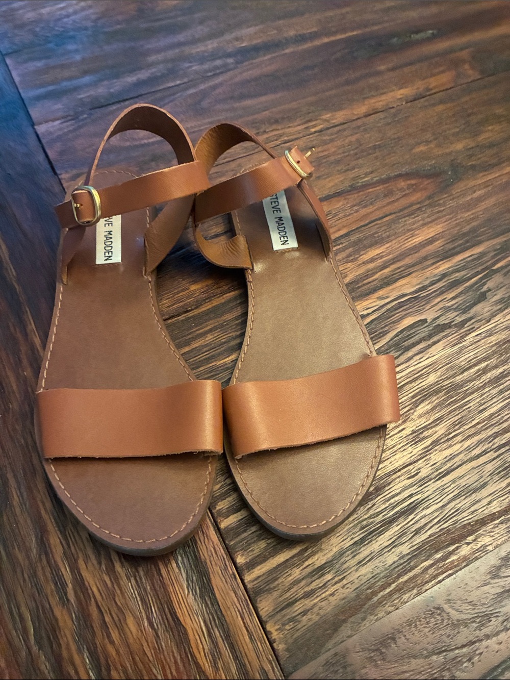 Steve Madden Tan Brown Leather Ankle-Strap Sandals